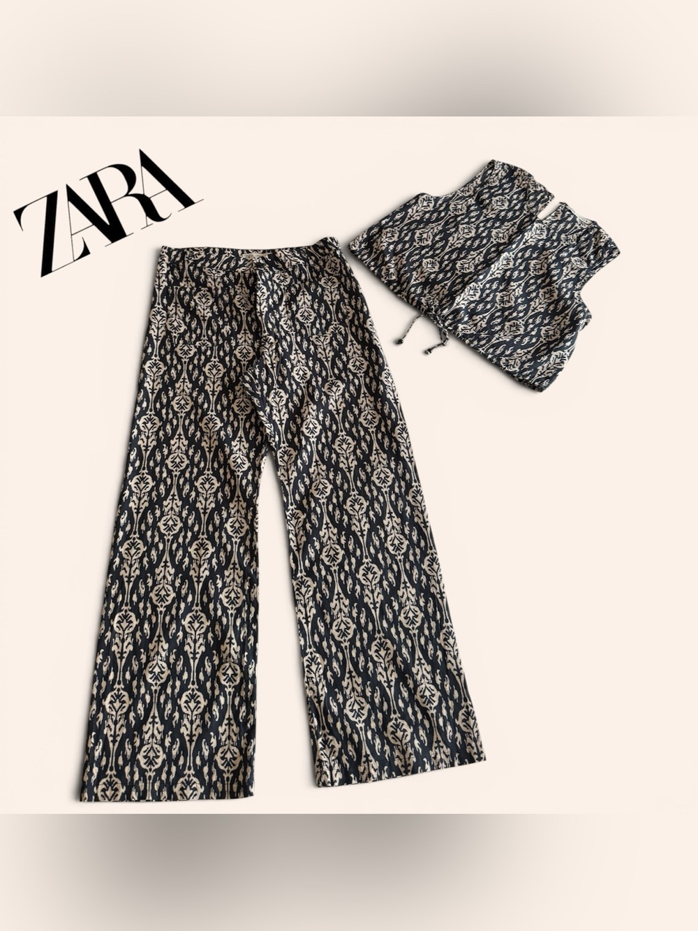 🛍️SALE🛍️ Zara Navy & Beige Ikat-Print Crop Top & Wide-Leg Pants SET (2 Pieces) - Picture 2 of 13